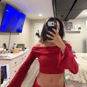 Red Off-The-Shoulder Bell Sleeve Sweater